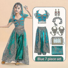 (Blue 7 piece set, S) Costume da danza del ventre araba da principessa Jasmine per bambine – Abito da principessa indiana per Halloween e Carnevale