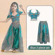 (Blue 2 piece set, S) Costume de danse orientale princesse Jasmine pour filles – Tenue de princesse indienne pour Halloween et carnaval