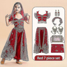 (Red 7 piece set, S) Costume da danza del ventre araba da principessa Jasmine per bambine – Abito da principessa indiana per Halloween e Carnevale