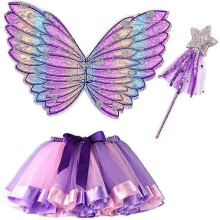 (Purple suit) Set costume da farfalla in 3 pezzi per bambine Mnsun, con gonna in tulle e ali d'angelo, per bambine dai 3 ai 10 anni.