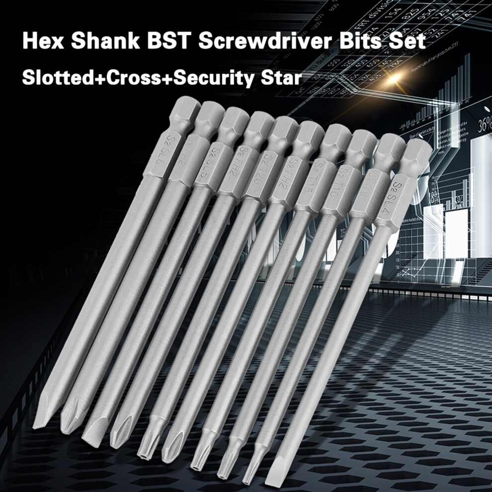 10pc 100mm 1/4" Hex Magnetic S2 Bit Set