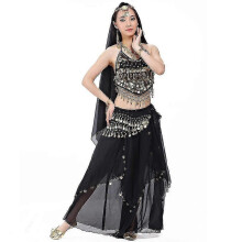 (Black) Completo da danza del ventre da donna in 5 pezzi con reggiseno e cintura per Carnevale