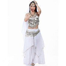 (White) Completo da danza del ventre da donna in 5 pezzi con reggiseno e cintura per Carnevale