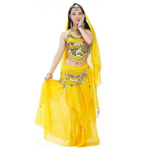(Yellow) Completo da danza del ventre da donna in 5 pezzi con reggiseno e cintura per Carnevale