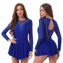 (royal blue, S) Set med klänning och kjol i strass för konståkning för dam, för gymnastikuppvisning, tävling och dansuppvisning
