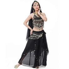 (Black) Completo da danza del ventre da donna in 5 pezzi con reggiseno e cintura per Carnevale
