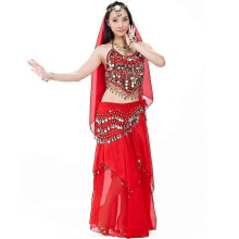 (Red) Completo da danza del ventre da donna in 5 pezzi con reggiseno e cintura per Carnevale
