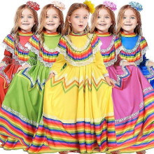 (Pink, M-(120-135cm)) Costume de danse folklorique mexicaine rouge pour Halloween et spectacle
