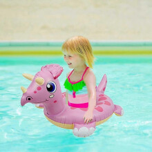 (Pink Triceratops) Anelli gonfiabili per bambini a forma di dinosauro con suono squittente, set da 4 pezzi per feste estive in piscina.