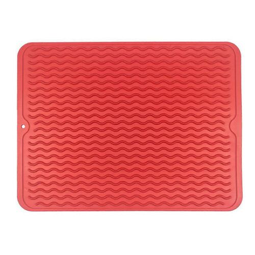 (Red) Silicone Grooved Drying Mat for Countertop, Easy-Clean Dish Drying Pad, 2-Pack