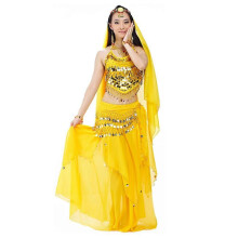 (Yellow) Ensemble de danse orientale 5 pièces pour femme avec soutien-gorge et ceinture pour le carnaval