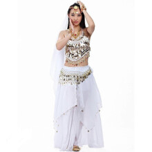 (White) Completo da danza del ventre da donna in 5 pezzi con reggiseno e cintura per Carnevale