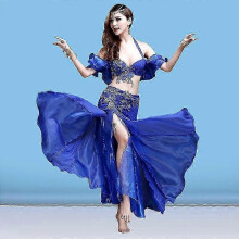 (Blue, S) Nuovo set da danza del ventre tribale in 3 pezzi per donna: gonna indiana Bollywood e completo da danza del ventre.