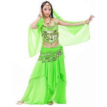 (Green) Completo da danza del ventre da donna in 5 pezzi con reggiseno e cintura per Carnevale