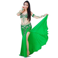 (Green) Completo sexy da danza del ventre in 5 pezzi: reggiseno, cintura e vestito da donna per esibizioni di Carnevale.