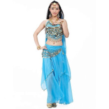 (Blue) Completo da danza del ventre da donna in 5 pezzi con reggiseno e cintura per Carnevale