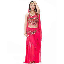 (Rose red) Completo da danza del ventre da donna in 5 pezzi con reggiseno e cintura per Carnevale