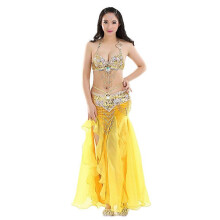 (Yellow) Sexig 3-delad magdansoutfit för kvinnor: BH, bälte och klänning för karneval