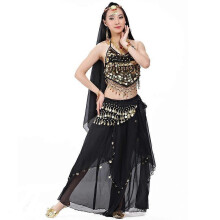 (Black) Completo da danza del ventre da donna in 5 pezzi con reggiseno e cintura per Carnevale