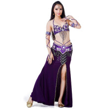 (Purple) Completo sexy da danza del ventre in 5 pezzi: reggiseno, cintura e vestito da donna per esibizioni di Carnevale.