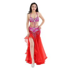 (Red) Completo sexy da danza del ventre in 3 pezzi per donna: reggiseno, cintura e vestito per Carnevale