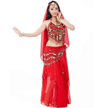 (Red) 5-teiliges Bauchtanz-Outfit-Set für Damen mit BH und Gürtel für Karneval