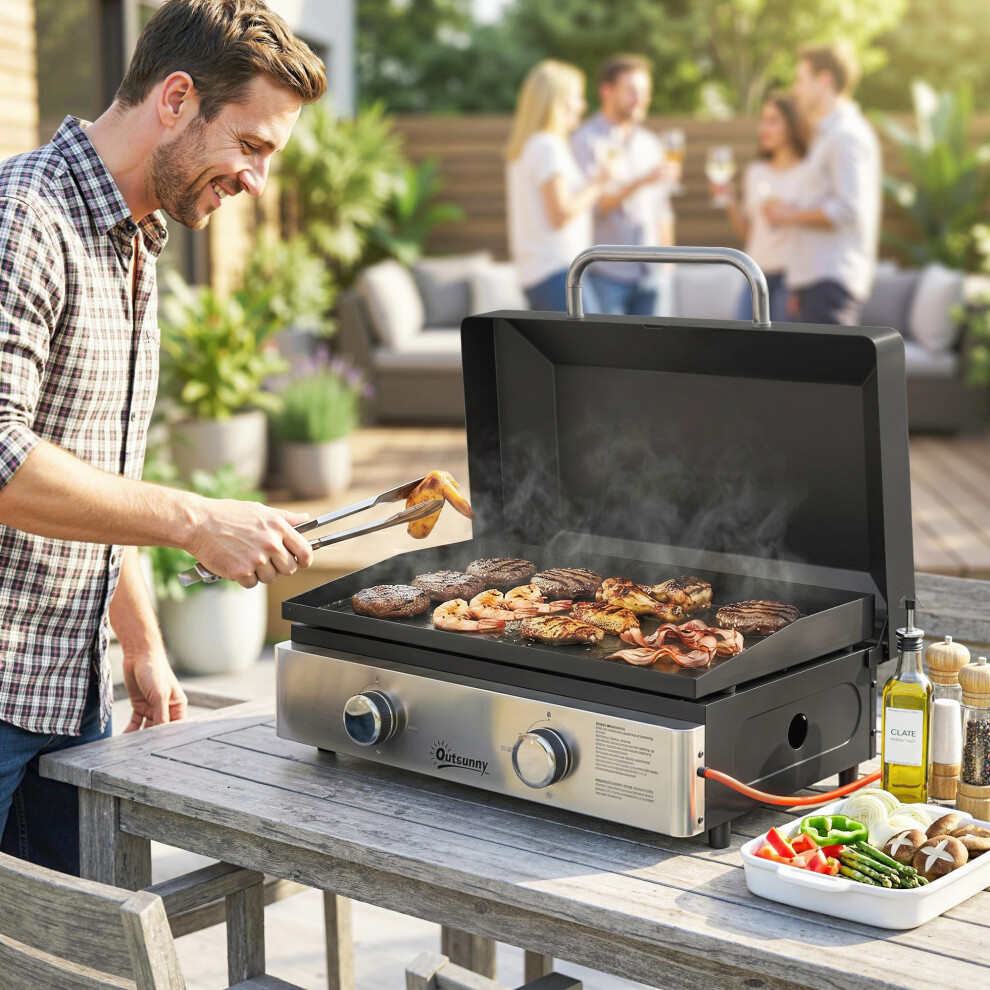 Outsunny 2 Burner Grill Griddle, Tabletop Gas Bbq With Grease Cup, Black