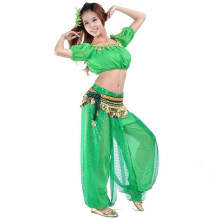 (Green) Completo da danza del ventre in 3 pezzi: top corto, pantaloni harem e foulard per i fianchi