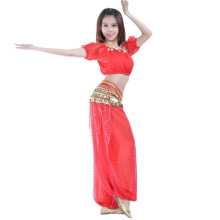 (Red) Completo da danza del ventre in 3 pezzi: top corto, pantaloni harem e foulard per i fianchi
