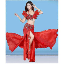 (Red, M) Nuovo set da danza del ventre tribale in 3 pezzi per donna: gonna indiana Bollywood e completo da danza del ventre.