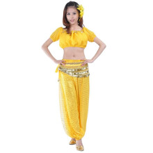 (Yellow) Magdansoutfit 3-delat set: Crop Top, Harembyxor och Höftscarf