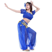 (Blue) 3-teiliges Bauchtanz-Outfit-Set: Crop-Top, Haremshose & Hüfttuch