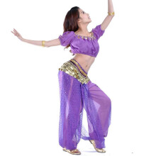 (Purple) Completo da danza del ventre in 3 pezzi: top corto, pantaloni harem e foulard per i fianchi