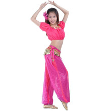 (Rose red) Completo da danza del ventre in 3 pezzi: top corto, pantaloni harem e foulard per i fianchi