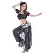(Black silver) Completo da danza del ventre in 3 pezzi: top corto, pantaloni harem e foulard per i fianchi