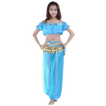 (Light blue) Completo da danza del ventre in 3 pezzi: top corto, pantaloni harem e foulard per i fianchi