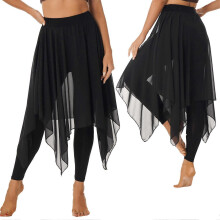 (black, L) Asymmetrischer Chiffon-Tanzrock mit Leggings für Damen – Lyrisches Ballett-Bühnenkostüm für Training und Aufführung