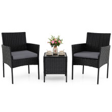 3 PCS Rattan Balcony Conversation Set 2 Cushioned Chairs And Side Table