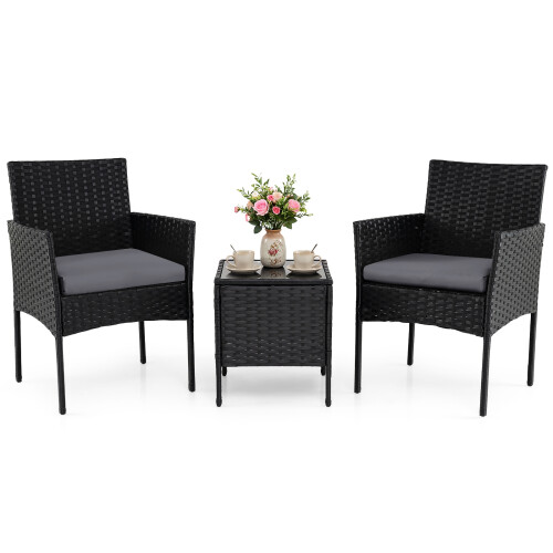 Costway 3 PCS Rattan Balcony Conversation Set 2 Cushioned Chairs And Side Table