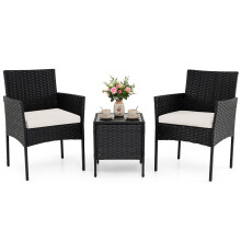 3 PCS Rattan Balcony Conversation Set 2 Cushioned Chairs And Side Table