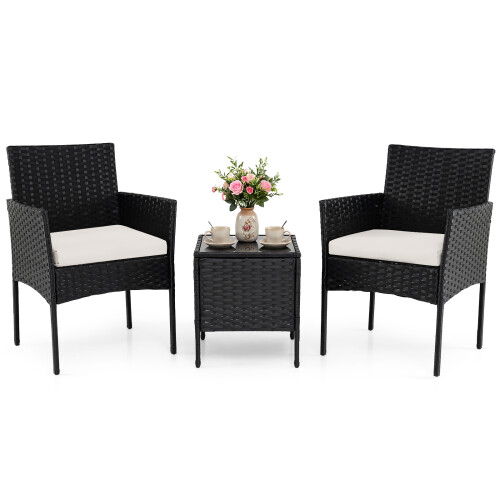 Costway 3 PCS Rattan Balcony Conversation Set 2 Cushioned Chairs And Side Table