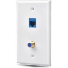 1 Pack Ethernet Coax Wall Plate Outlet with 1 Cat6  Port and 1 Gold-Plated Coax F Type Port RJ45 Wall Plates