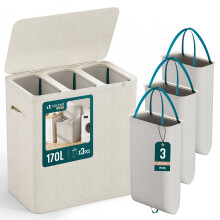 VOUNOT 170L Laundry Basket with Lid, Foldable Hamper with Removable Bag, Beige