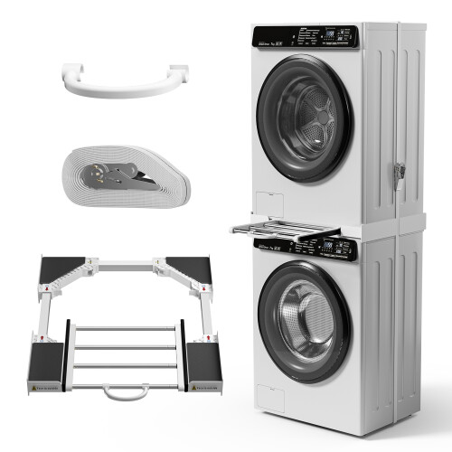 Universal Washer Dryer Stacking Kit with Pull Out Shelf, Adjustable Laundry Stacker Frame with Ratchet Strap