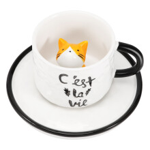 Cute Coffee Cup and Saucer, 3D Cat Coffee Mug with Saying, Porcelain Tea Cups, 3D Kitty Espresso Cup (C'Est Lo Live)