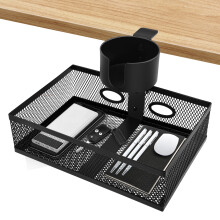 Metal 360 Swivel Under Table Drawer with Cup Holder, 2-In-1 Drawer Organiser Tray, Spill Resistant Table Rack