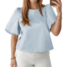 Womens Satin Silk Blouses Puff Short Sleeve-Light Blue L
