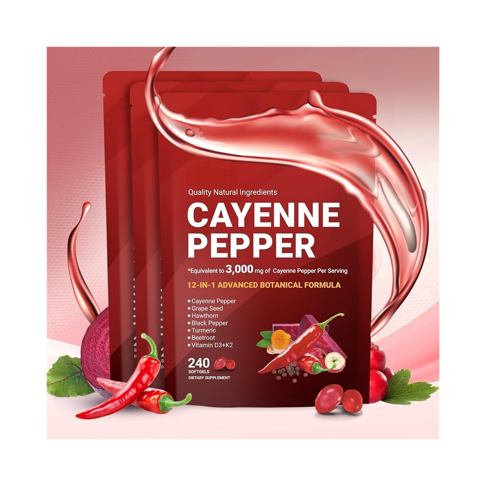 (3pcs) Cayenne Pepper Softgels Supplement,with Vitamin E D3 K2,Hawthorn,Beetroot,Berberine,240capsules