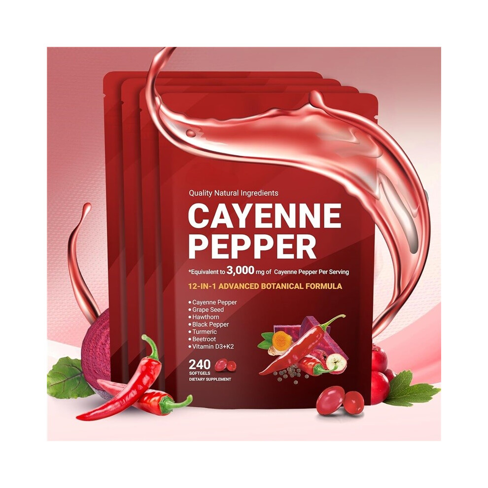 (4pcs) Cayenne Pepper Softgels Supplement,with Vitamin E D3 K2,Hawthorn,Beetroot,Berberine,240capsules