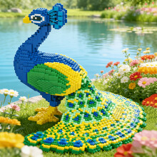 Giardino primaverile pieno di fiori e pavoni, 2083 pezzi, ornamento di blocchi di puzzle 3D